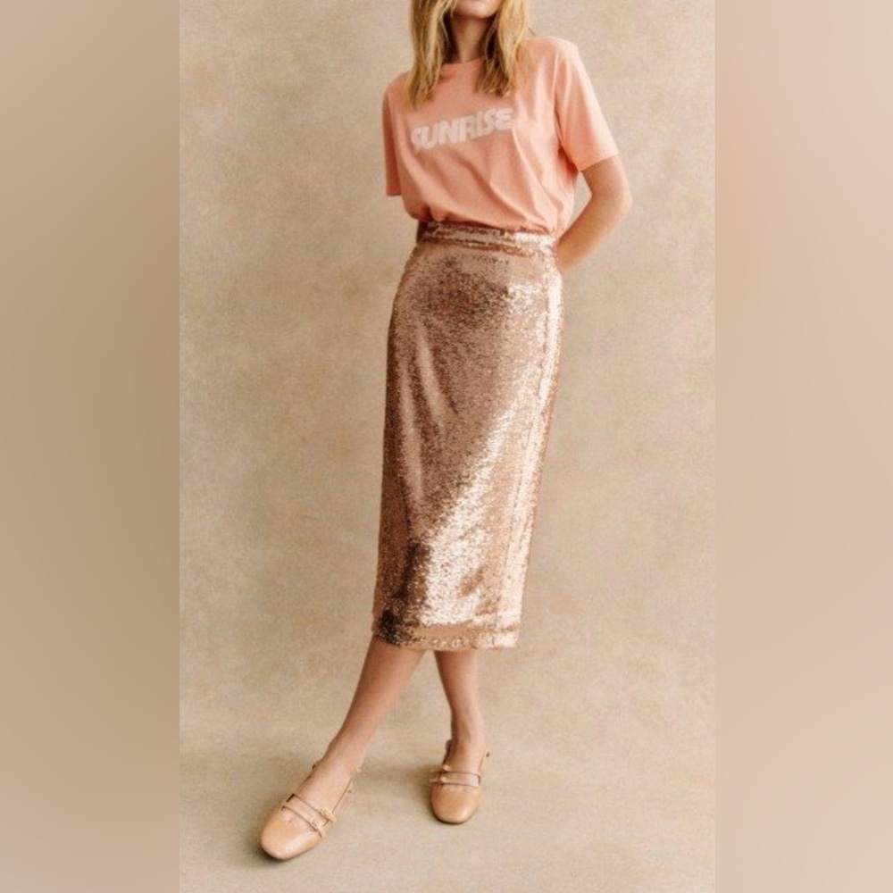 Sezane Magalia Skirt Sequined Midi Skirt Gold size 2